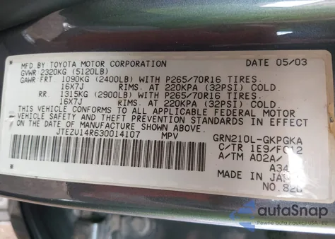 2003 Toyota 4Runner Sr5 V6 z USA, uszkodzony, nr VIN JTEZU14R630014107